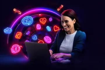 Um homem concentrado em seu laptop com estatísticas ao vivo ao fundo, destacando os recursos dedicados de esportes e jogos do app móvel LINDTT.
